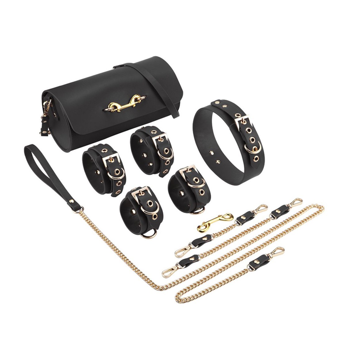 KIT 5 PEZZI PER BDSM SEXY CON BORSA PORTA OGGETTI IN PELLE VEGANA NERA